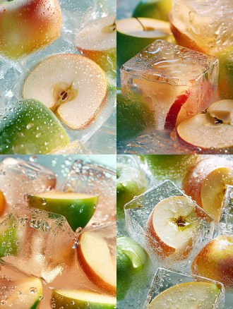 晶莹茶色冰块与切开的青苹果片与红苹果片，水珠点缀，极简风格，自然光，近景，4k超清，清晰细节，冷色调，清新感。 oc渲染器 干净背景 流体 冰 冰冷 全景 浅绿 青苹果色 苹果红