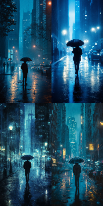 孤独身影，雨夜街道，破损雨伞，街灯蓝光，湿漉路面，高楼黑暗，低垂头，下沉肩，悲伤绝望，冷色调，广角镜头，侧光，阴郁氛围，孤立感。