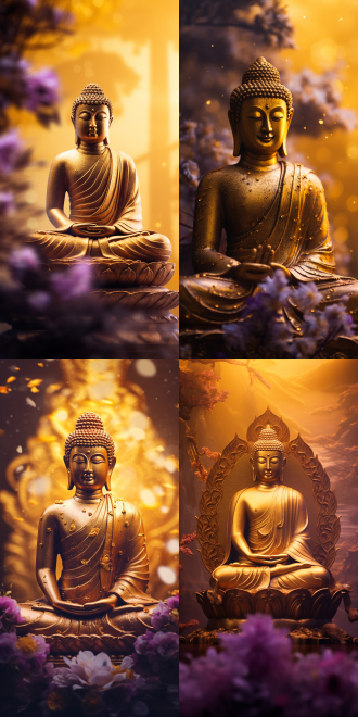 金色菩萨，长焦镜头，流金画面，金色烟雾环绕，细节刻画生动，8k画质，菩萨细节深入，明暗对比明确，慈祥微笑，紫色光，高分辨率，神圣氛围，柔和光线，宁静表情，金色服饰，庄严姿态。