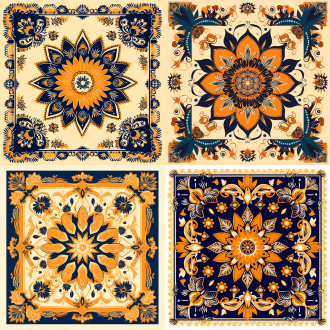 flat design, fashionable square scarf pattern, inspired by thai culture, featuring a stylized sun motif with geometric shapes and vibrant colors like gold, orange, turquoise, and deep purple, symmetrical and intricate patterns, traditional thai floral and temple-inspired details, minimalistic and modern, high contrast, clean lines, suitable for textile printing, 2d vector style,style 4a