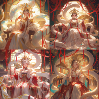 女帝，身着华丽汉服，上面绣着精美的蛇形花纹和五彩祥云，手中的扇子也被她装饰上了红色的彩带和金色的铃铛，笑容满面，翘着腿坐在椅子上，白色蟒蛇，玄幻，仙气飘飘的意境，细节饱满，高质量