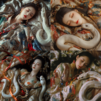 女帝侧卧，160cm 纱衣绣蛇纹祥云配彩带铃铛若隐若现，笑容纯欲，旁有白蟒，仙气意境，细节饱满，高质量，暖光，特写。