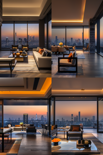 现代室内餐客厅，封闭跑道阳台，大平层，城市天际线，暗色调，大空间，时尚现代，高清16k，极简主义，开放式布局，大面积玻璃窗，高分辨率，大理石纹理，广角镜头，自然光，冷色调，清晰细节，宽敞感，现代家具，城市夜景，室内外对比。