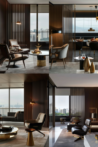 现代封闭跑道阳台，大平层，城市天际线，暗色调，大空间，时尚现代，高清32k，极简主义，开放式布局，大面积玻璃窗，高分辨率，大理石纹理，广角镜头，自然光，清晰细节，冷色调，宽敞感，现代家具，城市夜景，科技感，未来感。