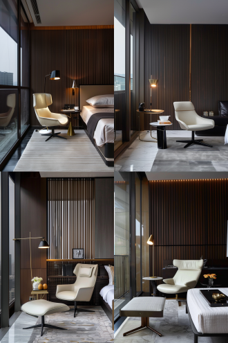 现代封闭跑道阳台，大平层，城市天际线，暗色调，大空间，时尚现代，高清32k，极简主义，开放式布局，大面积玻璃窗，高分辨率，大理石纹理，广角镜头，自然光，清晰细节，冷色调，宽敞感，都市风格，简洁线条，高级质感。