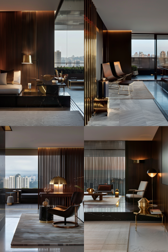 现代封闭跑道阳台，大平层，城市天际线，暗色调，大空间，时尚现代，高清32k，极简主义，开放式布局，大面积玻璃窗，高分辨率，大理石纹理，广角镜头，自然光，高对比度，简洁线条，金属质感，冷静氛围。