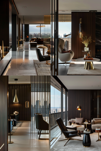 现代跑道阳台，大平层，城市天际线，暗色调，大空间，时尚现代，高清32k，极简主义，开放式布局，大面积玻璃窗，高分辨率，大理石纹理，广角镜头，自然光，冷色调，简洁线条，宽敞感，都市风情，现代感，高端大气。