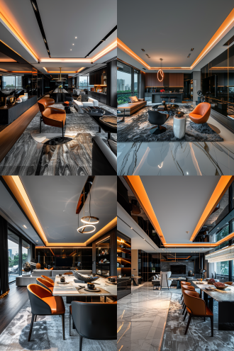 现代客餐厅，暗色调奢华，极简布局，大场景，长焦镜头，柔和侧光，高对比度，金属质感，宽敞空间，冷静氛围。