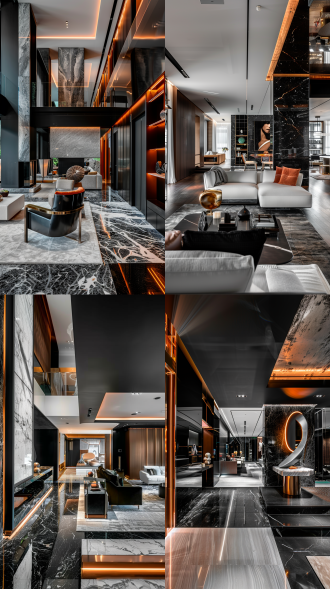 现代跑道阳台，暗色调奢华，极简布局，大场景，长焦镜头，柔和侧光，高对比度，金属质感，冷色调，宁静氛围，宽敞空间，现代设计，豪华装饰，冷静表情，精致细节，高端材质，静态美感。