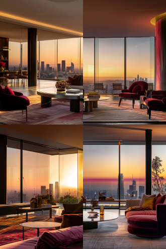 客厅现代高级光影慵懒，开放式布局，极简主义，落地窗，自然光，长焦镜头，柔和侧光，慢快门，舒适，宁静，冷暖色调交织。