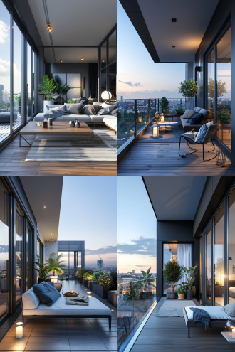 阳台现代高级光影慵懒，开放式布局，极简风格，城市天际线背景，冷暖色调交织，长焦镜头，柔和侧光，慢快门，静谧，放松。