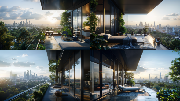 空中花园，第四代住宅，玻璃，绿植，公园，俯视，全景，绿色植被，细节丰富，阳光照射，舒适氛围，自然光，静谧，和谐。新未来主义，科技感，高分辨率，广角镜头，自然光，细节丰富，绿色调，和谐氛围，科技感设计，全景视角，阳光照射，静谧环境。