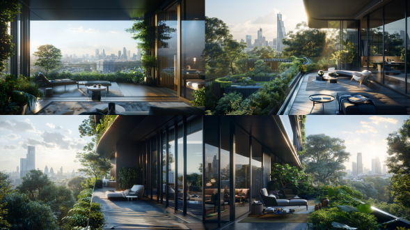 空中花园，第四代住宅，景观，俯视视角，绿植，公园，全景，绿色植被，细节丰富，阳光照射，舒适氛围，自然光，静谧，和谐，新未来主义，高分辨率，广角镜头，自然光，绿色调，全景视角，细节丰富，阳光照射，舒适氛围，和谐共生。