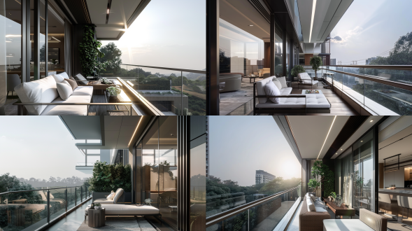 阳台玻璃高级感光影高奢高质感，现代简约风格，透明玻璃栏杆，阳光穿透，光影交错，金属质感家具，冷色调，长焦镜头，逆光，柔和光线，静谧，优雅。