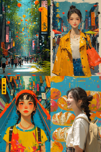 15周年庆，碳水美食节，商场，购物，时尚，多人物环绕，抽奖，面包，插画风格，中心构图，明亮色彩，商场内，广角镜头，柔和光线，欢快氛围，人物微笑，面包香气，抽奖期待，时尚服饰，插画质感。 宫崎骏 干净背景 并列构图 粉彩色