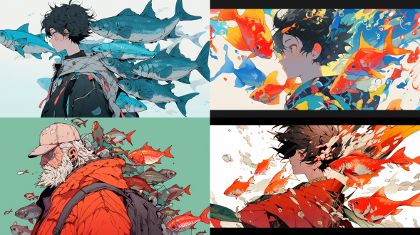 男子，鱼：：2 宫崎骏 干净背景 半身 波普色