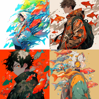 男子，鱼：：2 宫崎骏 干净背景 半身 波普色