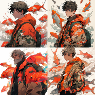 男子，鱼：：2 宫崎骏 干净背景 半身 波普色