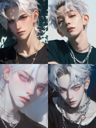 男性boy，白色碎发，清透眼尾上挑，不屑皱眉，厚唇锁骨链，美人痣，黑色上衣，近距离特写，kpop偶像脸，高清8k，超高分辨率，咧嘴笑，细节光影，立体五官，酷拽高鼻梁，伪厚涂，项链耳坠，大师之作，高对比度，侧光，广角镜头，暖色调，紧张表情，高傲姿态。