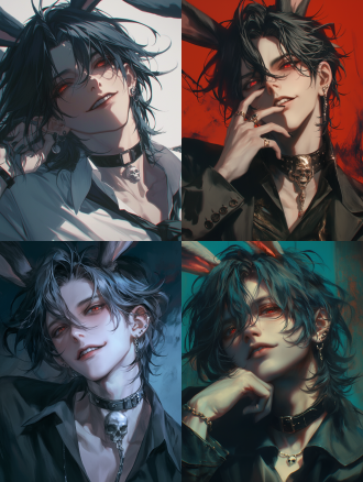 帅气青年，兔耳，项圈，骷髅珠宝，狞笑，尖牙，病娇，黑发，魅力红眼，动漫美学，面部细节，眼睛细致，角色肖像，超高质量，摄影风格，电影氛围，忧郁黑暗，电影光效，艺术杰作，清晰面部，精细cg，8k