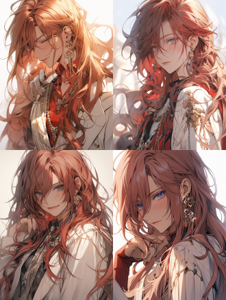 18岁美少年，面部特写，冷漠的眼神，白皙的皮肤，红头发，长发，白西装，v字领，英俊五官，耳钉，浅色背景