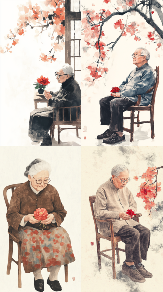 老人戴眼镜穿古朴衣服坐椅上拿红色窗花，中国传统工笔，儿童插画风格，无背景，长焦镜头，暖色调，精细笔触，构图平衡，温馨，柔和光。 贴纸