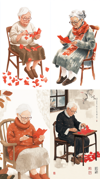 老人戴眼镜穿古朴衣服坐椅上拿剪刀剪红色窗花，中国传统工笔，儿童插画风格，无背景，长焦镜头，暖色调，精细笔触，构图平衡，温馨。 贴纸