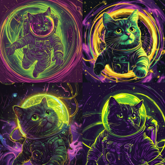 猫宇航员在宇宙，黄金螺旋与三分法构图，霓虹青、宇宙紫主调，三光源，微动态与宏观动态，多维空间，宇宙温情与震撼感，procreate笔刷。