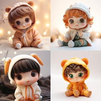 树脂玩具，可爱活泼婴儿女孩，毛绒连体衣，细腻毛绒质感，卡通眼，短发，q版，圆润头部设计，细节角色设计，可爱姿势，白色背景，高饱和色彩，柔和光线，微距镜头，立体感，童趣，温馨。