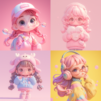 卡通女孩，全身站立，明亮柔和色彩，眼镜，可爱头饰，泡泡玛特风格，干净背景，糖果梦幻色，透明树脂玩具，q版，c4d，3d渲染，软焦点，精细光泽，高饱和度，广角镜头，正面光，细节丰富，梦幻感，甜美表情，可爱动作，粉色系，温馨氛围。