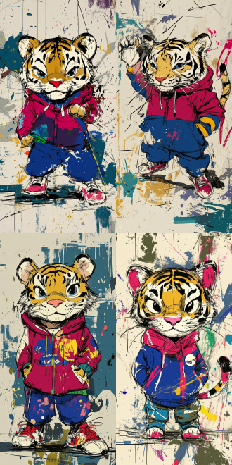 老虎穿运动服，卡通涂鸦线条，动态姿势，街头背景，明亮色彩，超广角镜头，逆光，快速快门，活力，创意。