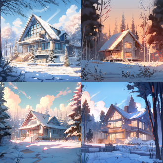 雪景中的房子，白天，松树环绕，温暖灯光从窗户透出，构图中央，远景，冷暖色调对比，广角镜头，自然光，宁静，温馨。