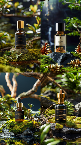 高清晰度产品展示，虚拟与现实交织，精致熊胆粉青霉素瓶，聚光灯下，最佳角度排列，自然与现代健康融合，高清图像与3d渲染技术，透明瓶体质感，清晰标签，微森林图案背景，自然纯净，高端品质，9:16比例，快速，风格化100，混沌9，版本6。