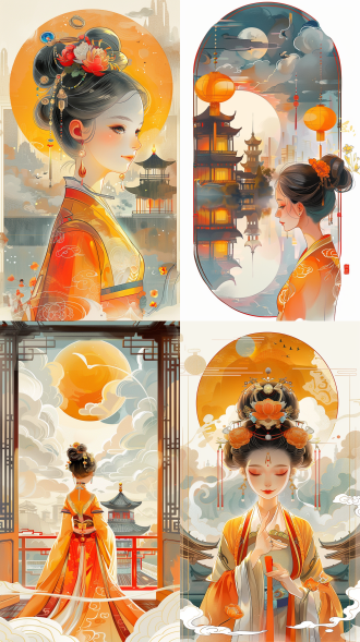 国潮插画，传统与现代融合，对称构图，城市夜景，霓虹灯，长焦镜头，柔和光线，静态，神秘，红色与金色，怀旧。