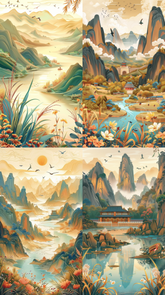 风光贴纸，天安门广场，青山绿水，花草，飞鸟，暖色调，白色背景，扁平插画，矢量插画，清新明快，自然风光，简洁线条，明亮色彩，静谧氛围，和谐构图。