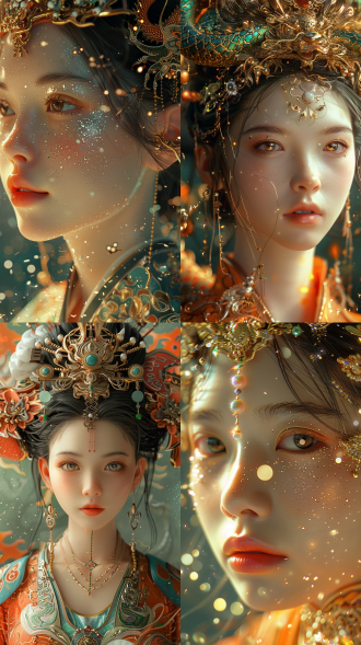 alberto, seveso, krenz, cushart, three-dimensional ancient style, brilliant starry sky, extremely delicate, close-up of the face, an ancient-style woman wearing a magnificent head ornament, golden dragon background, orange, green, blue, fantasy style, in the style of daz3d, with chinese culture as the theme, captured using the canon eos r5 camera,,in clothes