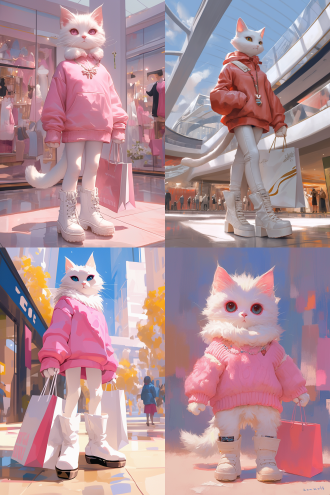 白色小猫拟人化，粉色毛衣，白色靴子，购物袋，商场购物，正面全身照，冷光，现代有机风格，高细节，广角镜头，自然光，动态，时尚元素，清新色彩，愉悦情绪。