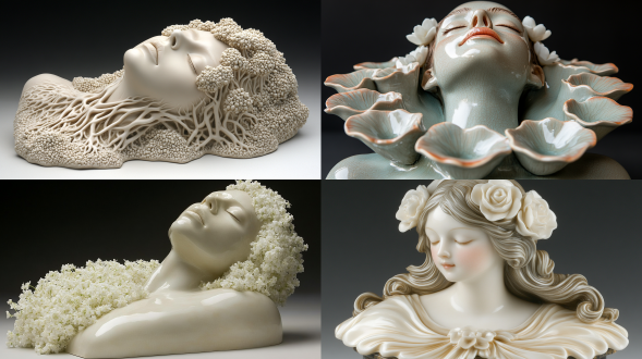 女性头部陶瓷雕塑闭眼，头顶白花，颈部线条流畅，纯黑背景，写实细腻，侧光高光，光滑质感，优雅氛围，特写镜头。