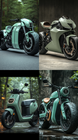 米白浅绿电动摩托，深灰背景，全景画面，写实3d，对角线构图，侧逆光，高饱和，凸显简约时尚。