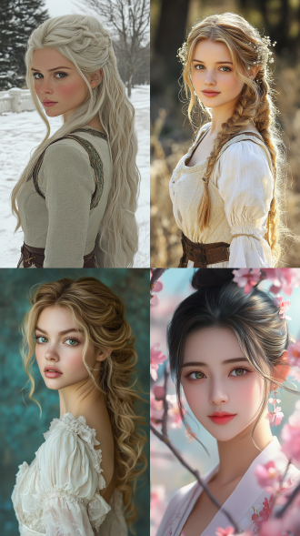 一位凹凸有致的金发女子侧身。 她拥有如瀑布般柔顺的金色长发，轻轻垂落在纤细的腰间，每一丝每一缕都闪耀着神秘的光泽。她的肌肤仿若羊脂玉般洁白细腻有光泽，透着淡淡的粉色，宛如春日初绽的桃花。 那一双眼睛，恰似深邃的湖泊，淡绿色的瞳孔，眼神中透着灵动与温柔，眼波流转间，仿佛能诉说无尽的情思。她的眉毛如弯弯的新月，自然而优美，为她的面容增添了几分婉约的韵味。 高挺而小巧的鼻梁，使她的侧脸线条更加精致。嘴唇如樱桃般鲜嫩红润，微微上扬的嘴角带着一抹若有若无的微笑，让人不禁为之倾倒。 她的脸型是标准的瓜子脸，下巴线条柔美流畅。修长的脖颈如同优雅的天鹅，彰显着高贵与典雅。 她身材高挑而苗条，比例堪称完美。身姿婀娜，仪态万千。一身精致的古罗马白色长袍，尽显大家风范。 个性视角，情绪氛围，巧妙地捕捉情感，精彩迷人的瞬间，纯色背景，杰作，柔和，高分辨率，中景，景深构图，层次32k高清蓝光。3d效果。油画风格。