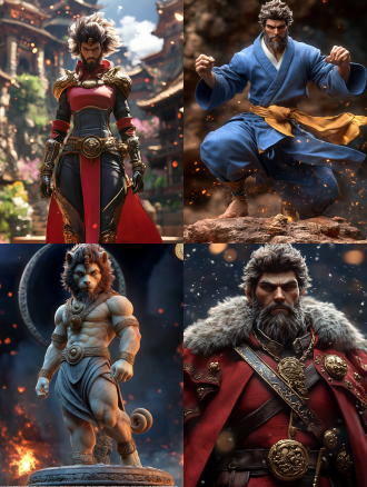 黑神话悟空，3d渲染，全身细节，超真实质感，东风神话风格，细腻纹理，全身照，高清细节，广角镜头，自然光，静态姿势，神秘氛围，深色调，庄严表情。