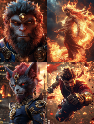 黑神话悟空，全身照，3d渲染，东风神话风格，超真实细节，金箍棒清晰可见，动态姿势，高分辨率，广角镜头，自然光，金属质感，红色与金色，力量感。