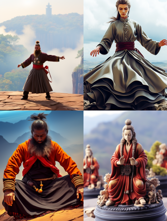 仙人演练，云雾缭绕，长袍飘逸，闭目凝神，山巅之上，超凡脱俗。广角镜头，柔和光线，慢速快门，神秘，宁静，淡雅色调。