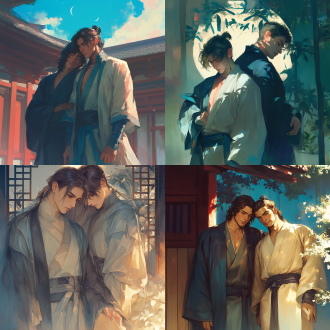 奇幻民国小说封面，两英俊短发亚洲男子穿长衫背靠背于庭院中，半身像，月光，水墨画泼墨风，电影灯光，冷色光影。