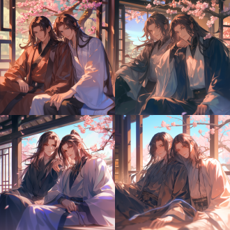 两个古风英俊男子，华丽长衫，背靠背于庭院桃花树下，半身正视图，手绘风，cg原画，oc渲染，电影光影，白天。