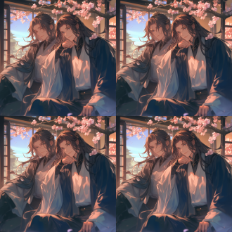 两个古风英俊男子，华丽长衫，背靠背于庭院桃花树下，半身正视图，手绘风，cg原画，oc渲染，电影光影，白天。