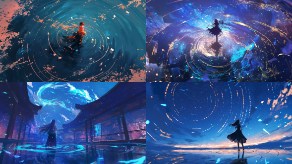 star trails with calligraphy strokes, glowing ink constellations, character reflection in water ink pool