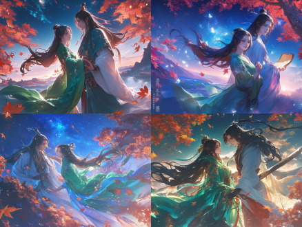 这是一本古言小说的小说封面，3d风格，原画艺术cg风格，顶视图，画面中一个美丽的绿衣女子，一个身穿白衣的俊美长发男子，背景是星空，身旁是一颗枫叶树，树叶落下十分唯美，极具视觉冲击，高分辨，高细节，高清，16k，高画质，暖色色调，3d渲染，oc渲染，电影光影