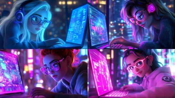 neon glow concept art, playing computer games, as a pixar character, character art closeup, beautiful render, loading screen, working on her laptop, disney splash art, digital glasses, epic legends game icon, lost in code, ghost neon, 2 0 5 0 s, neon billboards, gear aurora