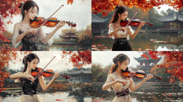 秋高气爽，中国古装美女在苏州园林里拉小提琴，秋水、红叶、亭、台、楼、阁，画面通透色彩丰富，构图美女全身像，每只手是五根手指，小提琴在画面要完整。 油画 全身 戏剧化灯光 伊万 特兰 日式园林 古代中式 全身角色 vogue时尚 丝绸 汉服 刺绣 中式服装 旗袍 园林 荷花 工笔画 亭子 锦鲤 牡丹